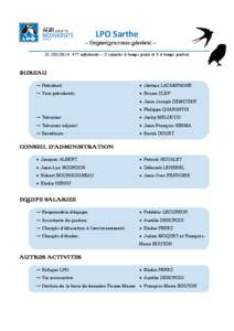 LPO Sarthe – Organigramme général – [removed]: 477 adhérents – 2 salariés à temps plein et 3 à temps partiel BUREAU → Président: