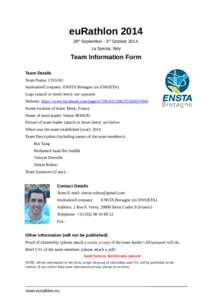euRathlon 2014 29th September - 3rd October 2014, La Spezia, Italy Team Information Form Team Details