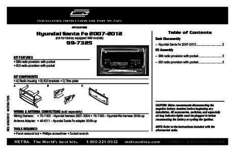 INSTALLATION INSTRUCTIONS FOR PART[removed]APPLICATIONS Table of Contents  Hyundai Santa Fe[removed]