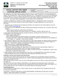 Chapter 142. Animal Care and Control  Cecil County Government Department of Finance 200 Chesapeake Boulevard, Suite 1100 Elkton, MD 21921