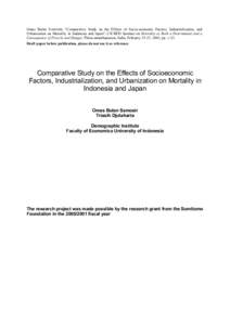 Omas Bulan SAMOSIR, “Comparative Study on the Effects of Socio-economic Factors, Industrialisation, and Urbanisation on Mortality in Indonesia and Japan”, CICRED Seminar on Mortality as Both a Determinant and a Conse