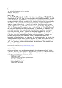 9. The Advertiser (Adelaide, South Australia) Thursday 3 June 1937: OBITUARY Dr. Charles Nicol Macquarie, who died at his home. Murray Bridge, on May 28, following a long illness that had for several years prevented him 