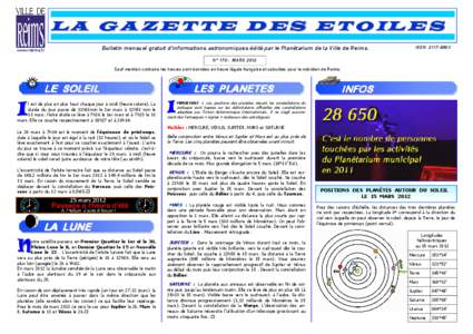 L A G A Z E T T E D E S E T O IL E S www.reims.fr Bulletin mensuel gratuit d’informations astronomiques édité par le Planétarium de la Ville de Reims.  ISSN 2117-699X