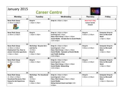 January 2015 Monday Career Centre Tuesday