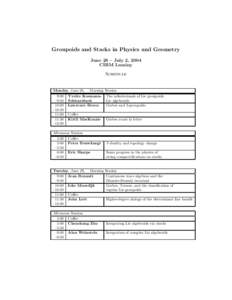 Groupoids and Stacks in Physics and Geometry June 28 – July 2, 2004 CIRM Luminy Schedule  Monday, June 28, Morning