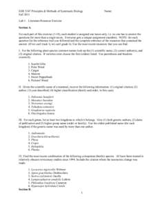 EEB 5347 Principles & Methods of Systematic Biology Fall 2011 Name:  Lab 1 – Literature Resource Exercise