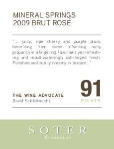 MINERAL SPRINGS ` 2009 BRUT ROSE “... juicy, ripe cherry and purple plum, benefiting from some offsetting nutty piquancy in a lingering, luxuriant, yet refreshing and mouthwateringly salt-tinged finish.