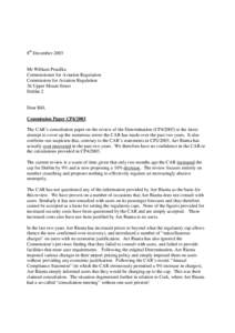 8th December[removed]Mr William Prasifka Commissioner for Aviation Regulation Commission for Aviation Regulation 36 Upper Mount Street