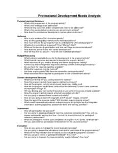 Professional Development Needs Analysis Purpose/Learning Outcomes › What is the purpose/aim of the program/activity? › What is the need/gap to be addressed? › What learning outcomes and/or competencies need to be a