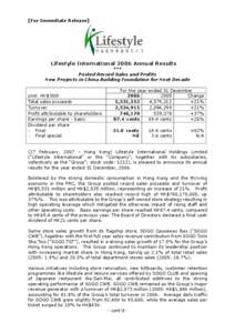 [For Immediate Release]  Lifestyle International 2006 Annual Results *** Posted Record Sales and Profits New Projects in China Building Foundation for Next Decade