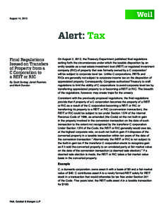 August 14, 2013  Alert: Tax Final Regulations Issued on Transfers of Property from a