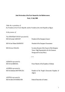 Joint Declaration of the Paris Summit for the Mediterranean Paris, 13 July 2008