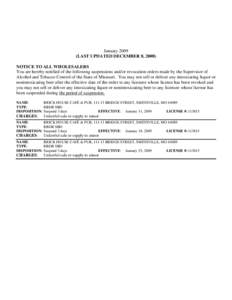 January[removed]LAST UPDATED DECEMBER 8, 2008) NOTICE TO ALL WHOLESALERS You are hereby notified of the following suspensions and/or revocation orders made by the Supervisor of Alcohol and Tobacco Control of the State of M