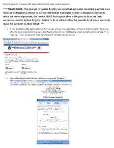 Steps for provider to acquire A&A login credentials and make renewal payment  *** PLEASE NOTE: The changes to System Registry are such that a provider can either pay their own renewal or designate a service to pay on the