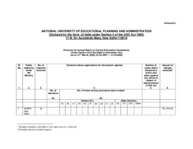 Annexure-I  NATIONAL UNIVERSITY OF EDUCATIONAL PLANNING AND ADMINISTRATION (Declared by the Govt. of India under Section 3 of the UGC Act[removed]B, Sri Aurobindo Marg, New Delhi[removed]