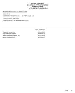 STATE OF TENNESSEE DEPARTMENT OF TRANSPORTATION SUMMARY OF BIDS LETTING OF SEPTEMBER 20, 2013 BENTON COUNTY (Contract No. CNM364 Call[removed]04