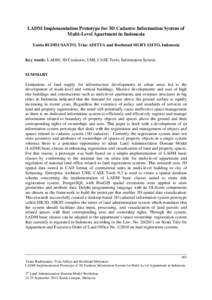 LADM Implementation Prototype for 3D Cadastre Information System of Multi-Level Apartment in Indonesia Yanto BUDISUSANTO, Trias ADITYA and Rochmad MURYAMTO, Indonesia Key words: LADM, 3D Casdastre, UML CASE Tools, Inform