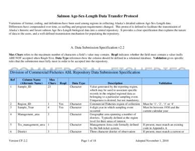 Salmon Age-Sex-Length Data Transfer Protocol Variations of format, coding, and definitions have been used among regions in collecting Alaska’s detailed salmon Age-Sex-Length data. Differences have compounded over time,