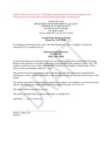 Draft for Public Notice June[removed]The findings, determinations and assertions contained in the document are not final and subject to change following the public comment period. STATE OF UTAH DEPARTMENT OF ENVIRONMENTAL 