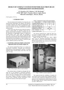 DESIGN OF COMPACT SYSTEM WITH WIDE ELECTRON BEAM FOR RADIATION TECHNOLOGIES A.N. Korolyov, K.G. Simonov, V.M. Pirozhenko1 FSUE “RPC Istok”, Fryazino, Moscow region, Russia 1 “Biosterile technologies”, Moscow, Rus