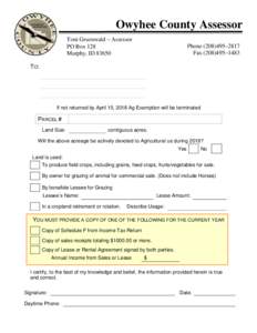 Owyhee County Assessor Toni Gruenwald – Assessor PO Box 128 Murphy, IDPhone–2817