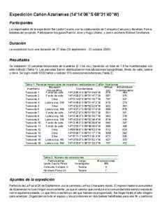 Expedición Cañón Azariamas (14°14’06’’S 68°31’40’’W) Participantes La responsable de la expedición fue Leslie Cayola, con la colaboración de Consuelo Campos y Abraham Poma,
