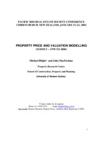 PACIFIC RIM REAL ESTATE SOCIETY CONFERENCE CHRISTCHURCH, NEW ZEALAND, JANUARY 21-23, 2002 PROPERTY PRICE AND VALUATION MODELLING (SYDNEY – 1970 TO 2000)