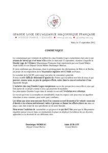GRANDE LOGE DE L’ALLIANCE MAÇONNIQUE FRANÇAISE 49 RUE DE CHABROL – 75010 PARIS