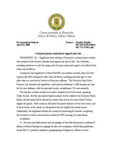 Commonwealth of Kentucky Justice & Public Safety Cabinet For Immediate Release