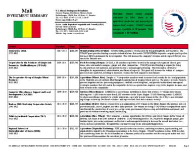 Mali INVESTMENT SUMMARY U.S. African Development Foundation Country Program Coordinator: Moussa Gadio Badalabougou SEMA, Rue 109 Porte 35, Bamako