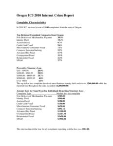 Oregon IC3 2010 Internet Crime Report Complaint Characteristics In 2010 IC3 received a total of 3549 complaints from the state of Oregon. Top Referred Complaint Categories from Oregon Non Delivery of Merchandise /Payment