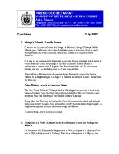 PRESS SECRETARIAT MINISTRY OF THE PRIME MINISTER & CABINET Apia, Samoa  Telephone : ([removed]ext 746, 747, 748, ([removed], ([removed]