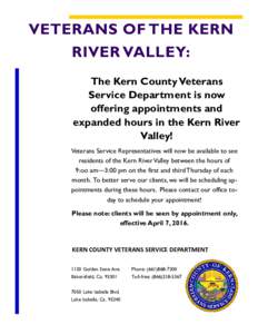 Appointments and Extended Hours in the Kern River Valley: Kern County Veterans Service Department