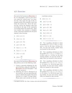 Section 4.2  Absolute Value[removed]Exercises For each of the functions in Exercises 18, as in Examples 7 and 8 in the narrative, mark the “critical value” on a number line, then mark the sign of the expression insid