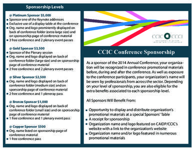 Sponsorship Levels @ Platinum Sponsor $5,000 Sponsor one of the Keynote addresses Exclusive use of a display table at the conference Org. name and logo prominently displayed on back of conference folder (extra large size