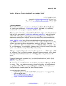 FebruaryReader Behavior Scores, local daily newspapers 2006 For more information: Limor Peer, , Mary Nesbitt, , 