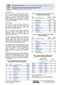 Population Growth: Regional Queensland, [removed]Source: ABS[removed], released 31 July 2012, 11.30 am AEST Introduction This brief is based on population estimates rebased by the Australian Bureau of Statistics according t