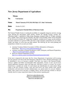 New Jersey Department of Agriculture Memo To: Veterinarians