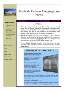 Adelaide Hebrew Congregation News Volume 2 Issue 4 Shabbat Details Friday night service