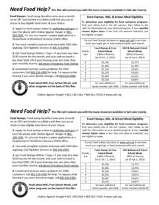 Need Food Help? This flier will connect you with the many resources available in Salt Lake County. Food Stamps: Food stamp benefits come once a month on an EBT card (similar to a debit card) that you use at stores to buy