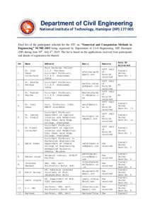 Department of Civil Engineering National Institute of Technology, Hamirpur (HPFinal list of the participants selected for the STC on “Numerical and Computation Methods in Engineering” NCME-2015 being organi