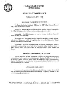 SUSANVILLE INDIAN RANCHERIA SOLID WASTE ORDINANCE Ordinance No[removed]ARTICLE I. STATEMENT OF FINDINGS