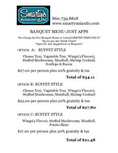 www.smartysniantic.com BANQUET MENU-JUST APPS *No Charge for Our Banquet Room or Linen(LIMITED TIME ONLY)* *$5.00 per Any Drink Ticket* *Open for Any Suggestions or Requests*