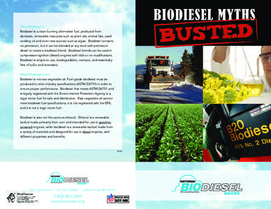 What Biodiesel is: Biodiesel is a clean burning alternative fuel, produced from domestic, renewable resources such as plant oils, animal fats, used