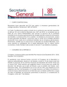   CORTE CONSTITUCIONAL Respaldan base gravable del ICA que aplica a empresas generadoras de energía eléctrica. Sentencia C-587, 