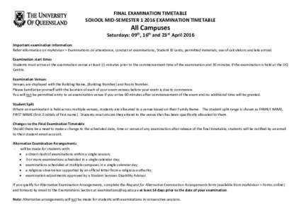 FINAL EXAMINATION TIMETABLE SCHOOL MID-SEMESTEREXAMINATION TIMETABLE All Campuses  Saturdays: 09th, 16th and 23rd April 2016