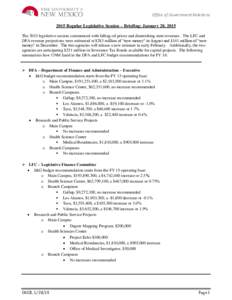 Office of Government Relations 2015 Regular Legislative Session – Briefing: January 28, 2015 The 2015 legislative session commenced with falling oil prices and diminishing state revenues. The LFC and DFA revenue projec