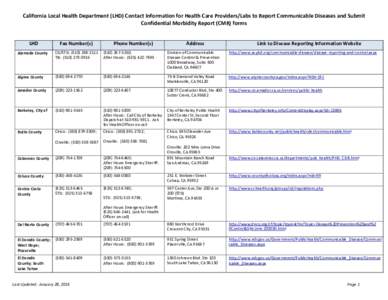 California Local Health Department (LHD) Contact Information for Health Care Providers/Labs to Report Communicable Diseases and Submit Confidential Morbidity Report (CMR) forms