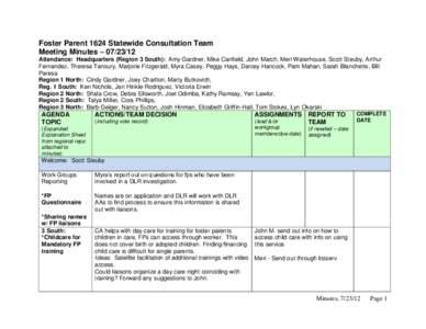 Foster Parent 1624 Statewide Consultation Team Meeting Minutes – [removed]Attendance: Headquarters (Region 3 South): Amy Gardner, Mike Canfield, John March, Meri Waterhouse, Scott Steuby, Arthur Fernandez, Theresa Tano
