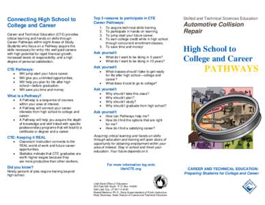 Connecting High School to College and Career Career and Technical Education (CTE) provides critical learning and hands-on skills through Career Pathways within eight Areas of Study. Students who focus on a Pathway acquir